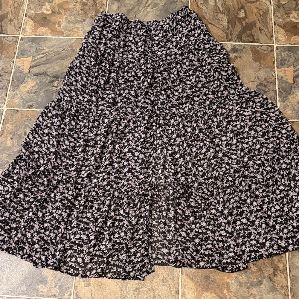 Lulu's Black Tiered Midi Skirt with Pink Floral Print